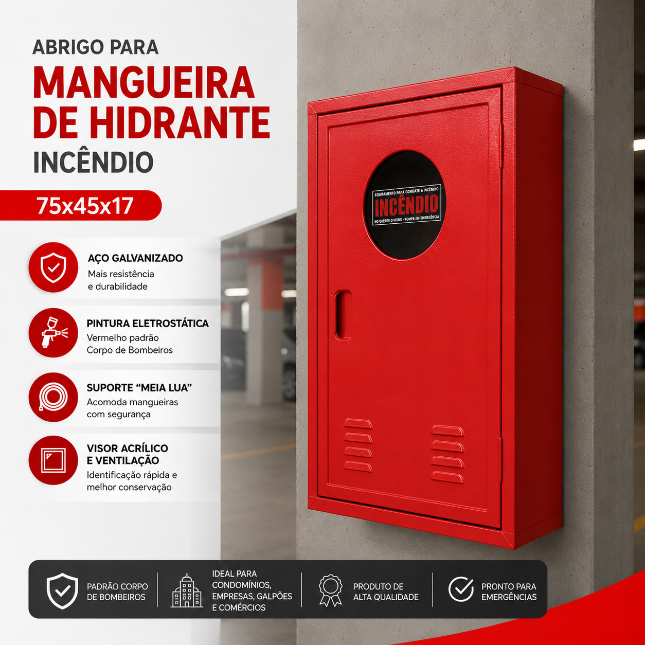 Abrigo Mangueira Hidrante 75x45x17 Sobrepor Incêndio - Imagem 3